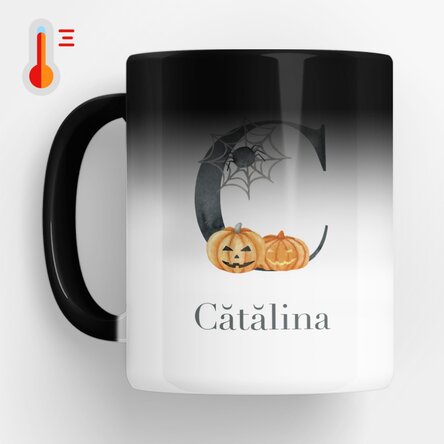 Cană termosensibilă personalizată cu inițială și nume - Halloween 