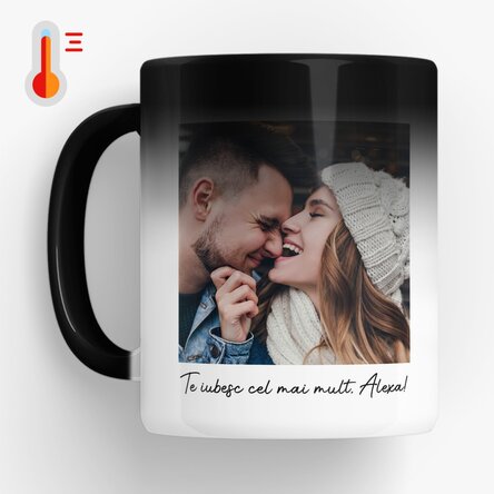 Cană termosensibilă personalizată cu o poză, mesaj și cod QR 