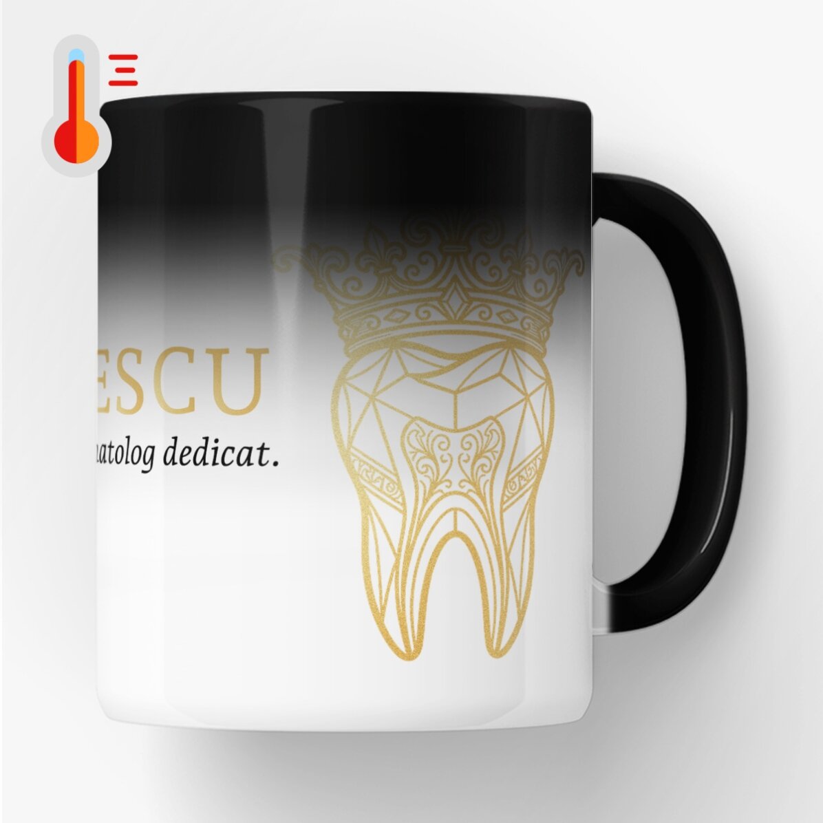 Cană termosensibilă personalizată cu text - Golden Dentist
