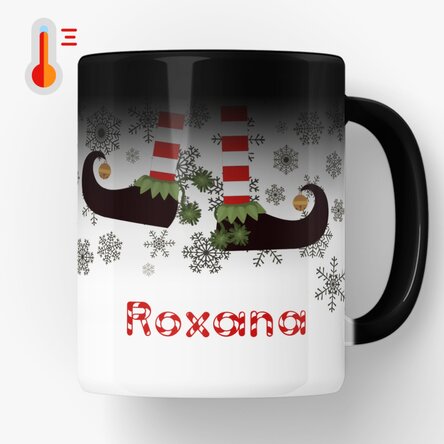 Cană termosensibilă personalizată Elf cu text - model de Crăciun 