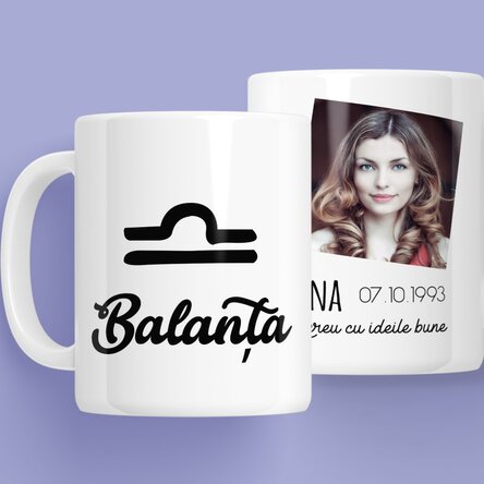 Cană zodiac personalizată cu poză și text - Balanță