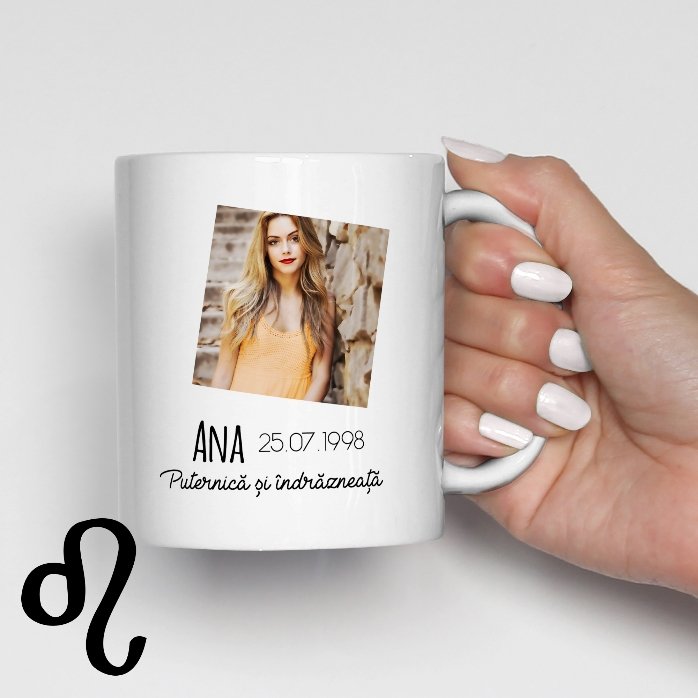 Cană zodiac personalizată cu poză și text - Leu