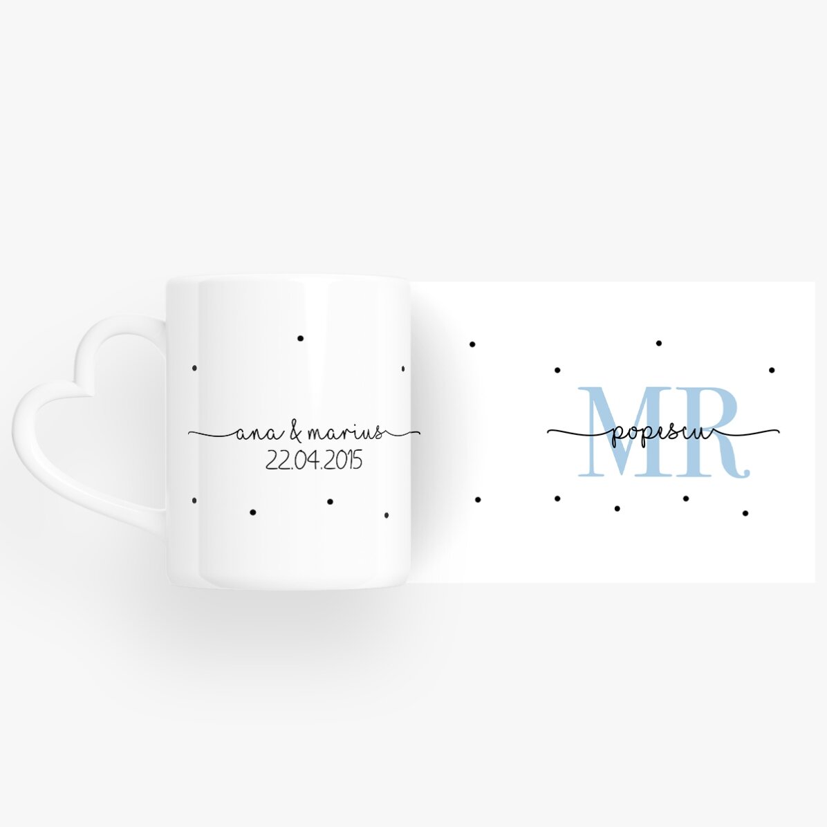 Cani pentru cuplu personalizate cu text și dată - MRS & MR - model toartă în formă de inimă