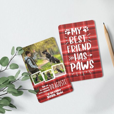 Card aluminiu personalizat față-verso cu mesaj și 4 poze - Cățelușul Meu