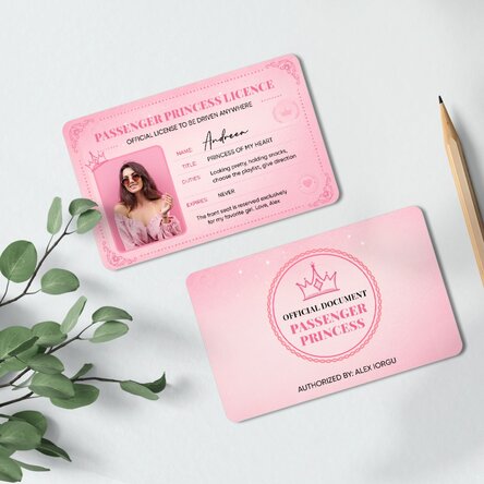 Card aluminiu personalizat față-verso cu o poză și text - Passenger Princess