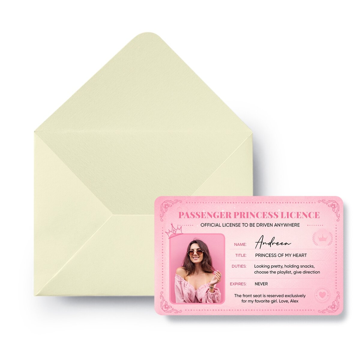 Card aluminiu personalizat față-verso cu o poză și text - Passenger Princess
