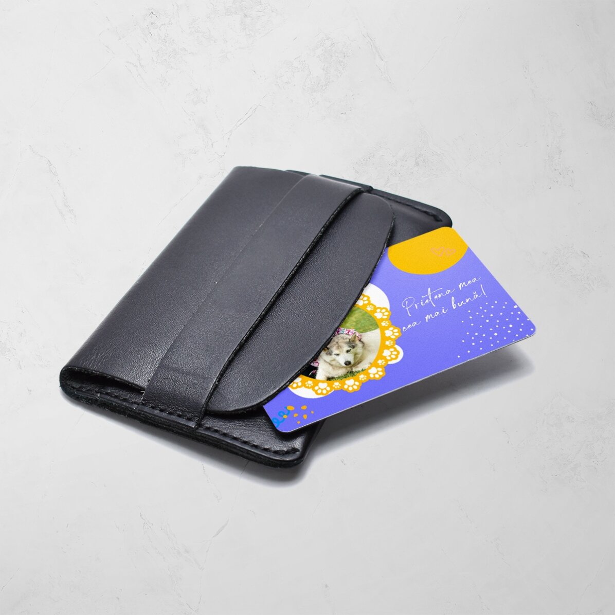 Card aluminiu personalizat față-verso cu text și două poze - Prietenul blănos