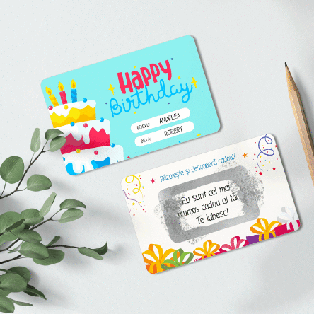 Card aluminiu răzuibil personalizat față-verso cu mesaj - Happy Birthday