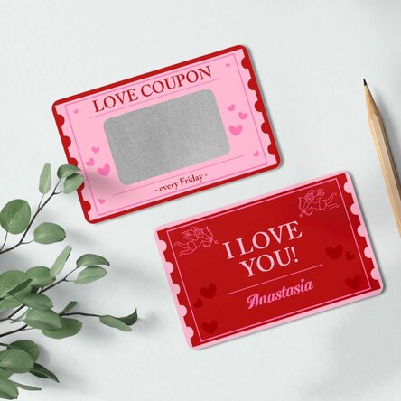 Card aluminiu răzuibil personalizat față-verso cu mesaj - Love Coupon