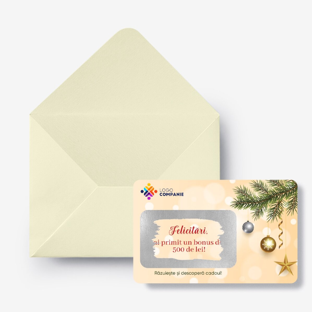 Card aluminiu răzuibil personalizat față-verso cu mesaj și logo - Merry Christmas