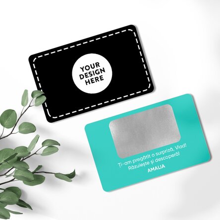 Card aluminiu răzuibil personalizat față-verso cu mesaj și imagine
