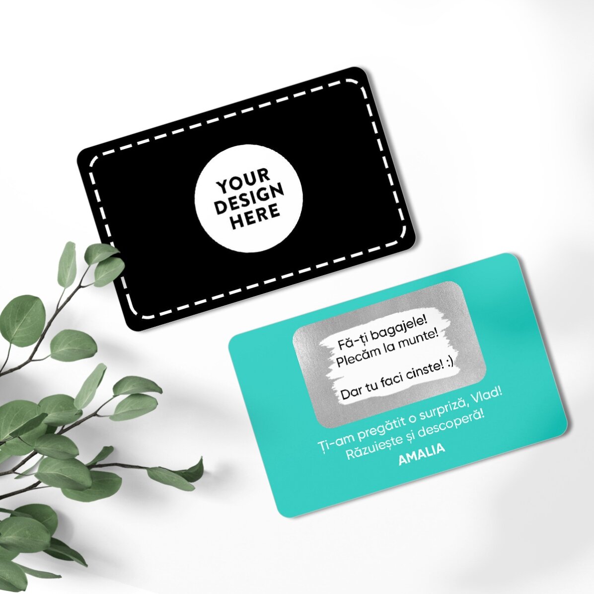 Card aluminiu răzuibil personalizat față-verso cu mesaj și imagine