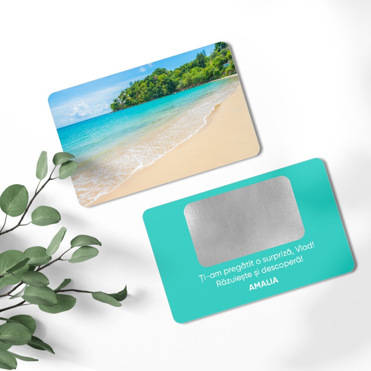 Card aluminiu răzuibil personalizat față-verso cu mesaj și imagine