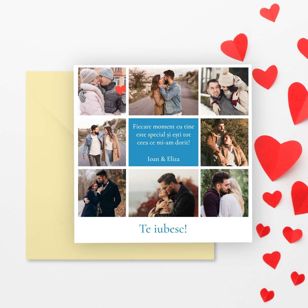 Card pătrat personalizat cu 8 poze și mesaj - Love