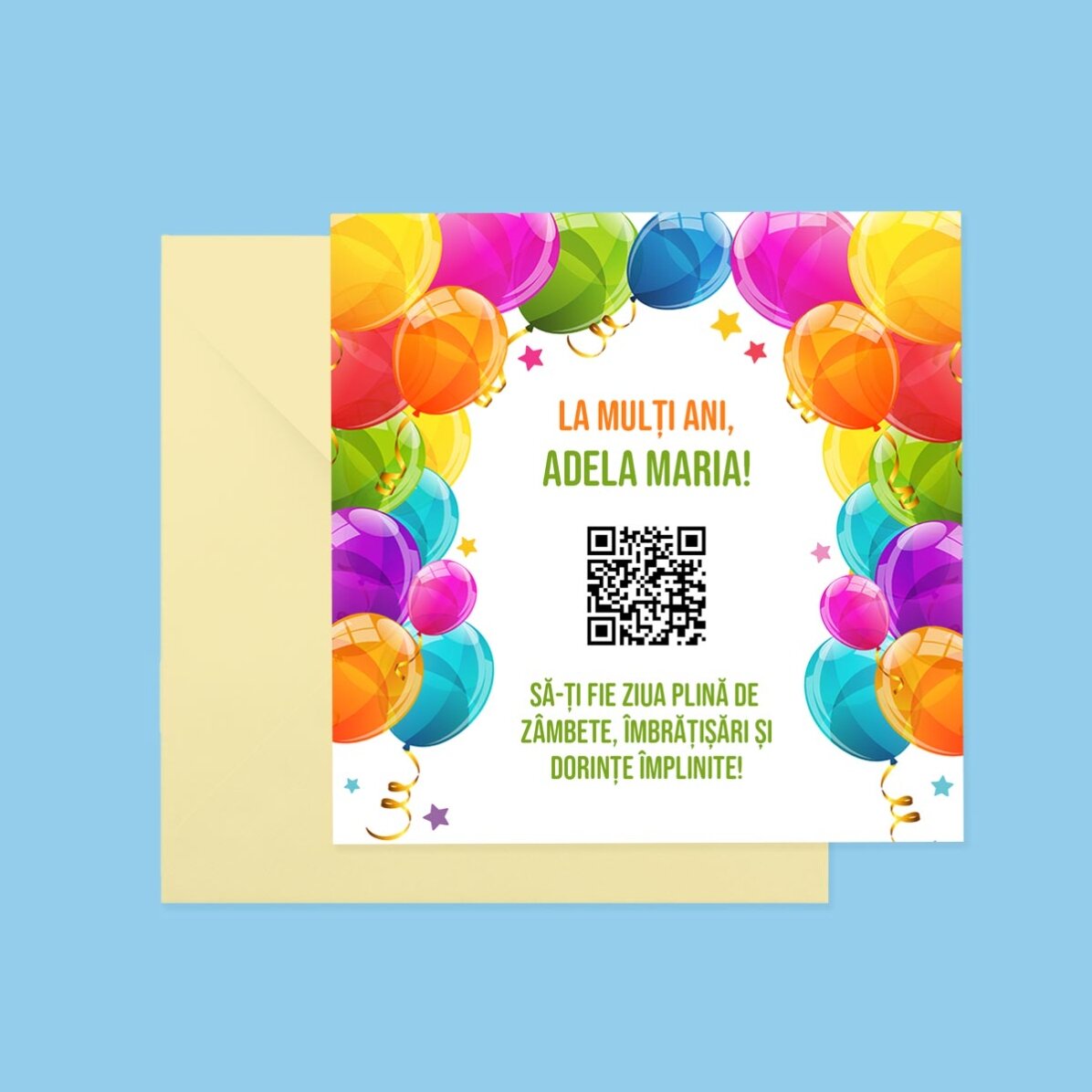 Card pătrat personalizat cu text și cod QR - La mulți ani!