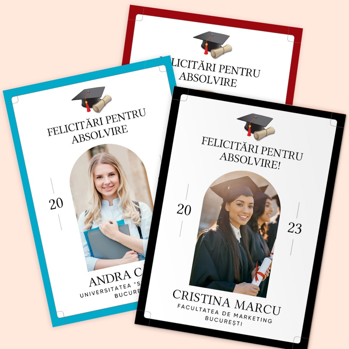 Card personalizat cu o poză și text pentru absolvire