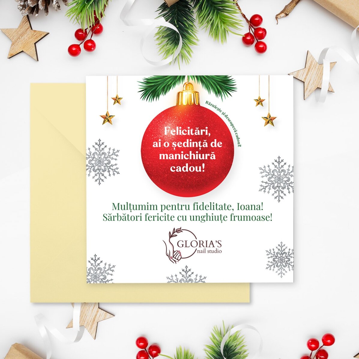 Card răzuibil personalizat cu logo și mesaj - Surpriză de Crăciun