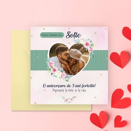 Card pătrat personalizat cu mesaj - Hearts & Roses