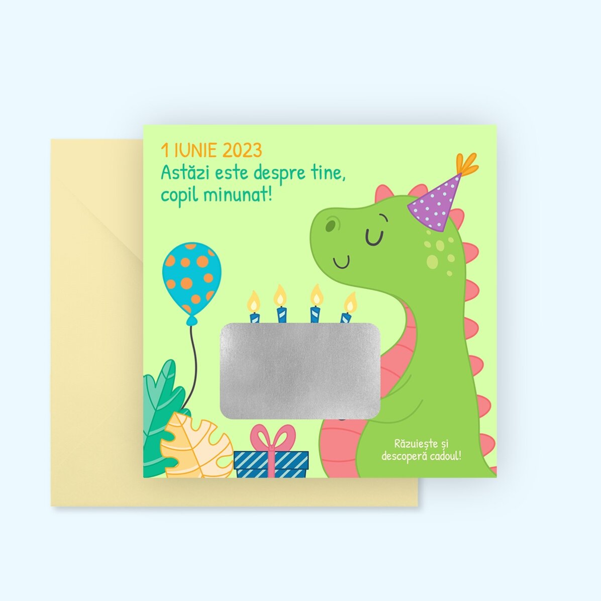 Card răzuibil personalizat cu mesaj pentru copii - Dino