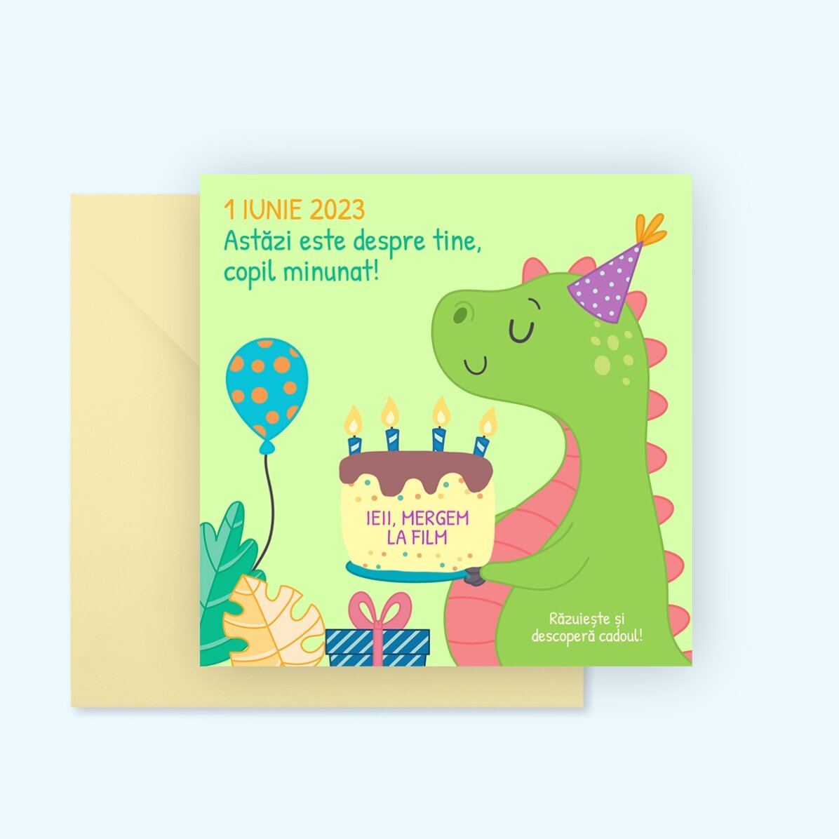 Card răzuibil personalizat cu mesaj pentru copii - Dino