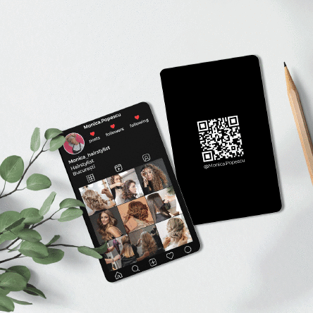 Carte de vizită aluminiu personalizată față-verso cu cod QR, text și poze - Instagram