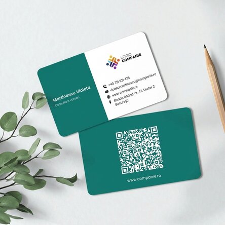 Personalised aluminium business card, featuring a coloured stripe, logo and QR code