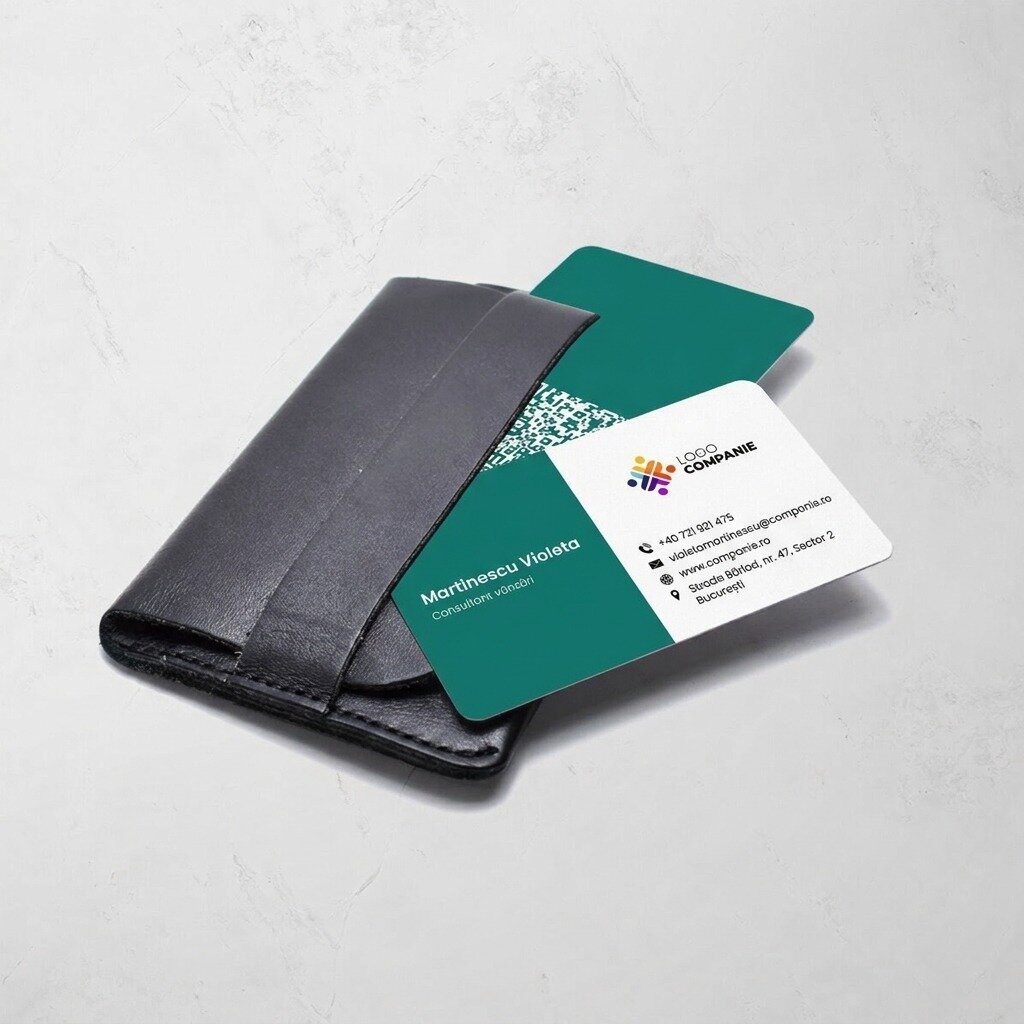 Personalised aluminium business card, featuring a coloured stripe, logo and QR code