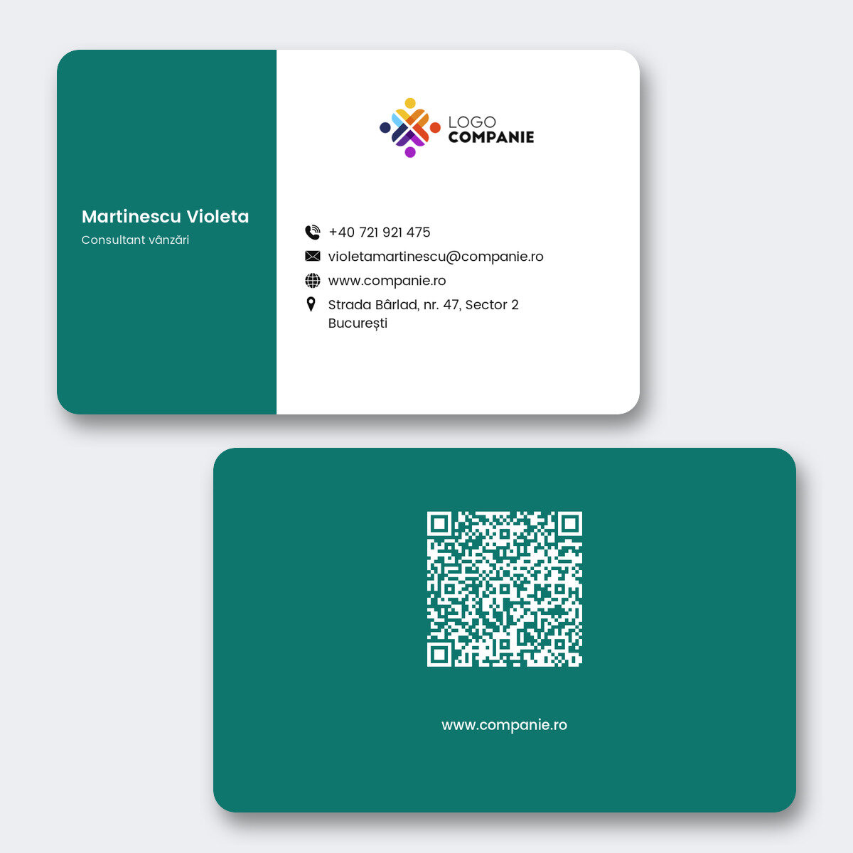 Personalised aluminium business card, featuring a coloured stripe, logo and QR code