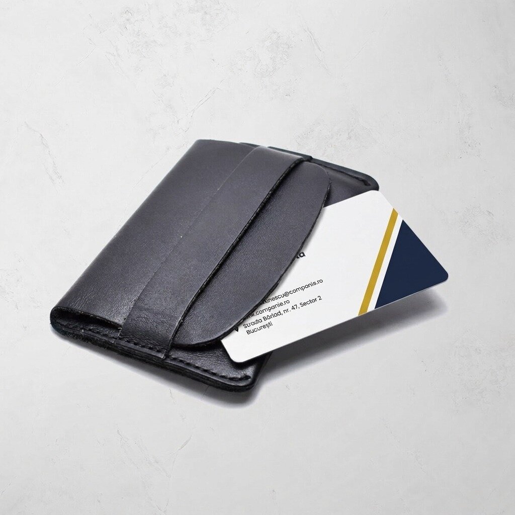 Carte de vizită aluminiu personalizată, design geometric, logo și cod QR