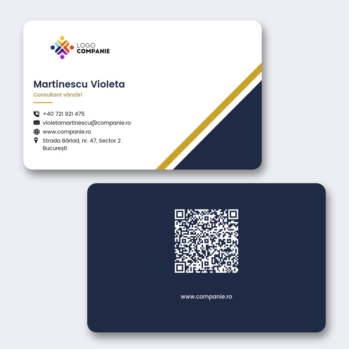Carte de vizită aluminiu personalizată, design geometric, logo și cod QR