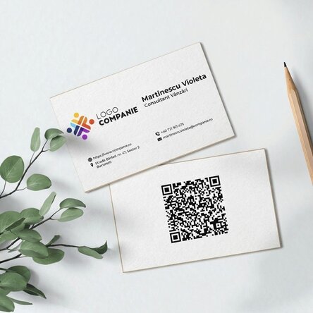 Cărți de vizită pe hârtie personalizate față-verso cu cod QR și date de contact