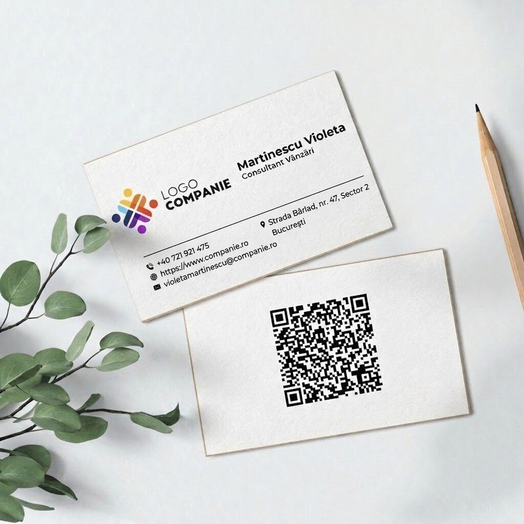 Cărți de vizită pe hârtie personalizate față-verso cu cod QR și date de contact