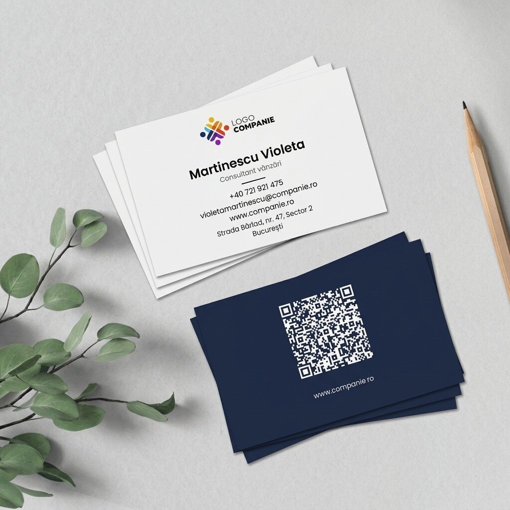 Cărți de vizită pe hârtie personalizate, design minimalist, logo și cod QR