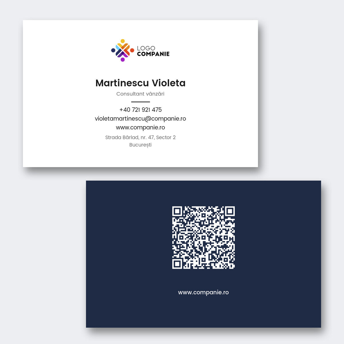 Cărți de vizită pe hârtie personalizate, design minimalist, logo și cod QR
