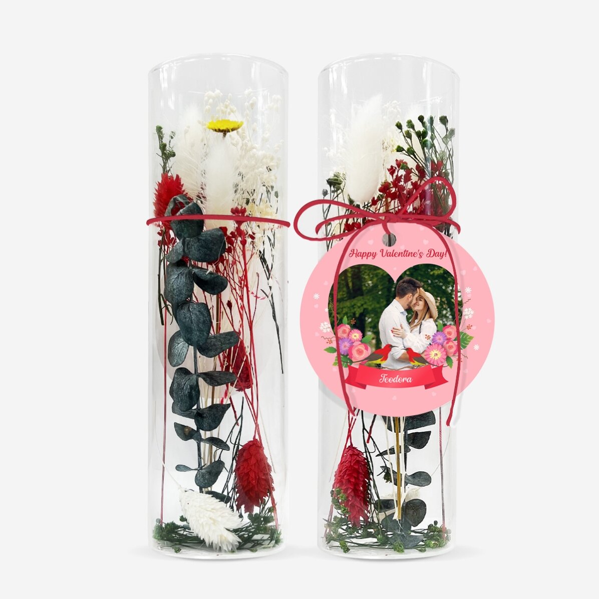 Ornament din sticlă cu flori prezervate personalizat cu text și poză - Love