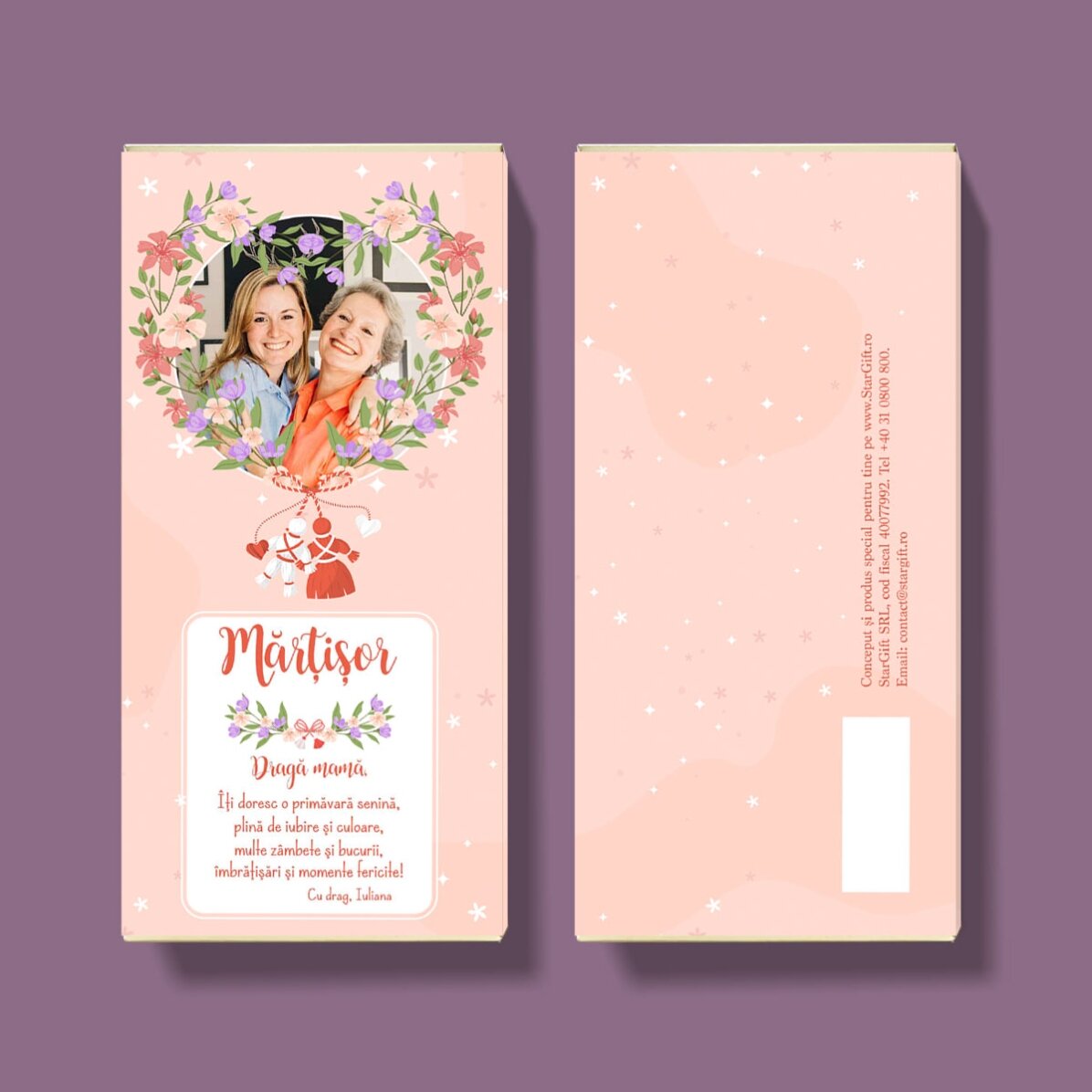 Ciocolată personalizată cu poză și mesaj - Mărțișor înflorit