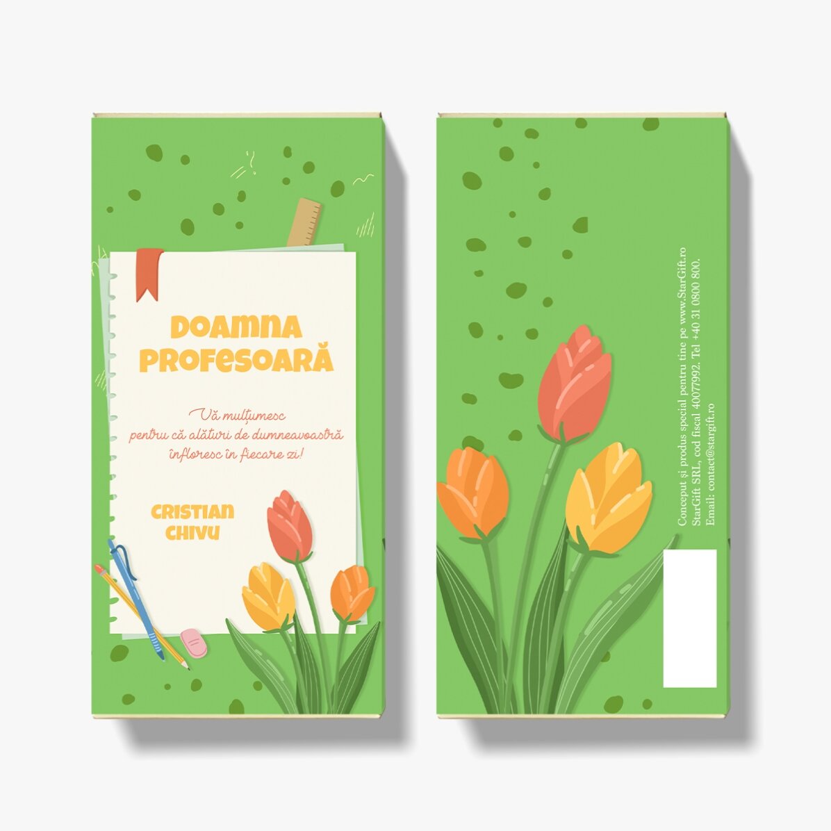 Ciocolată personalizată cu text - Lalele pentru dascăli