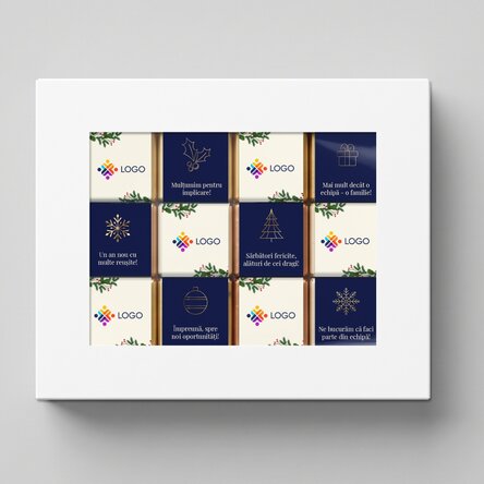 Cutie cadou cu 12 mini ciocolățele personalizate cu logo și mesaj de Crăciun