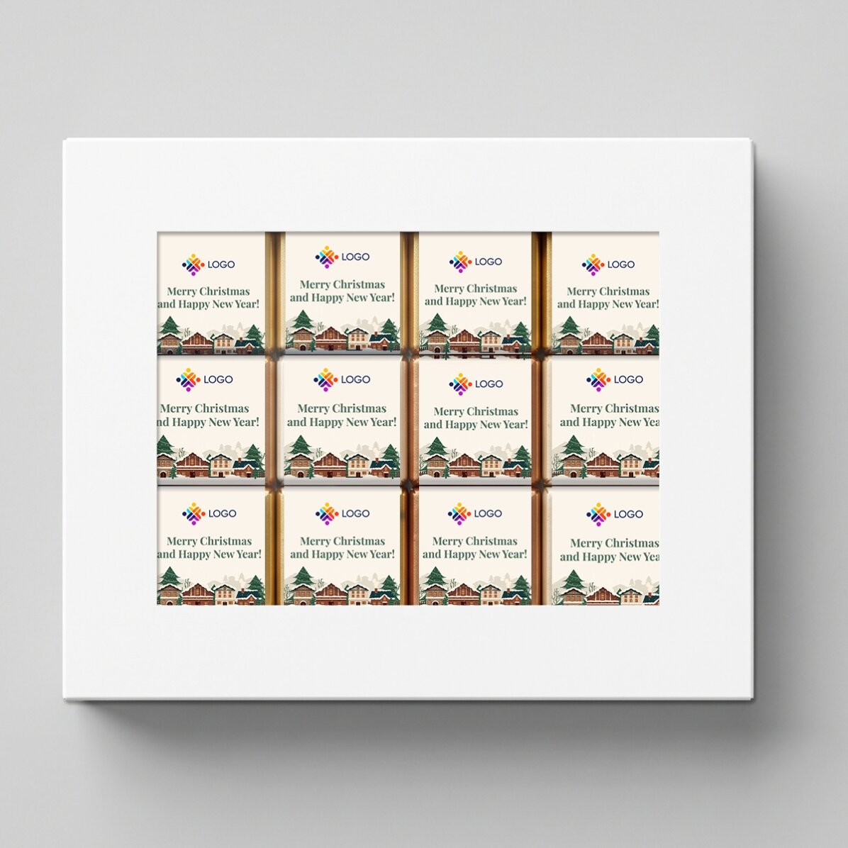 Gift box containing 12 mini chocolates, personalised with a logo and Christmas messages