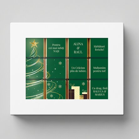Cutie cadou cu 12 mini ciocolățele personalizate cu mesaje - Christmas tree