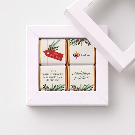 Cutie cadou cu 4 mini ciocolățele personalizate cu logo și mesaj de Crăciun