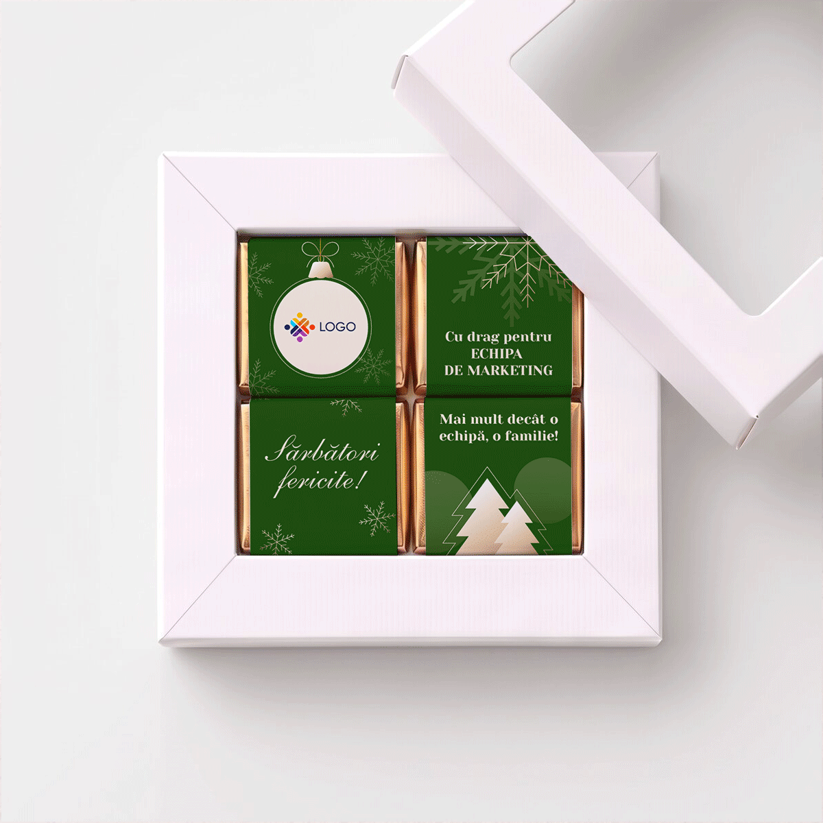Cutie cadou cu 4 mini ciocolățele personalizate cu logo și mesaj pentru echipă