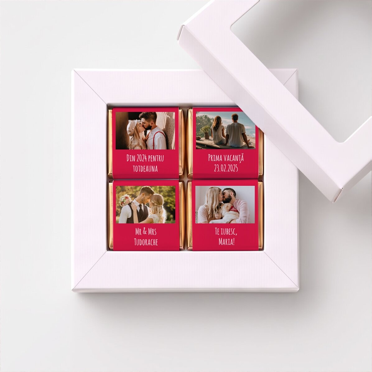 Cutie cadou cu 4 mini ciocolățele personalizate cu poze și mesaj