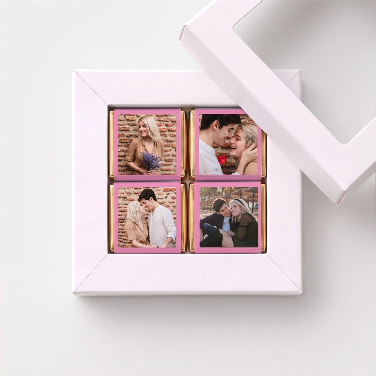 Gift box containing 4 mini chocolates personalised with photos