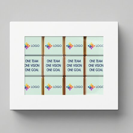 Cutie cu 12 mini ciocolățele personalizate cu logo și mesaj