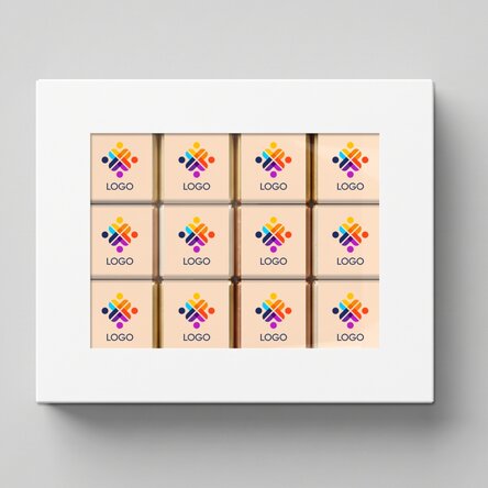 Cutie cadou cu 12 mini ciocolățele personalizate cu logo