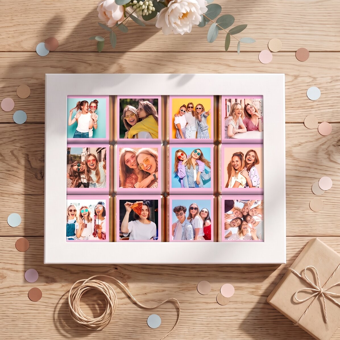 Cutie cadou cu 12 mini ciocolățele personalizate cu poze