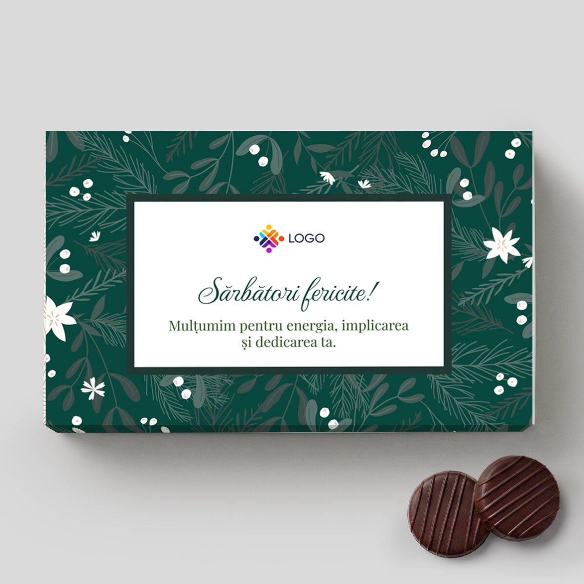 Cutie de bomboane cu cremă personalizată logo și mesaj - Sărbători fericite!
