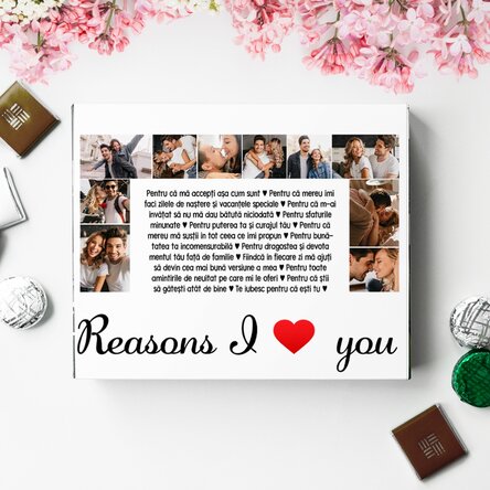 Cutie de bomboane personalizată cu 20 poze și text - Reasons I love you