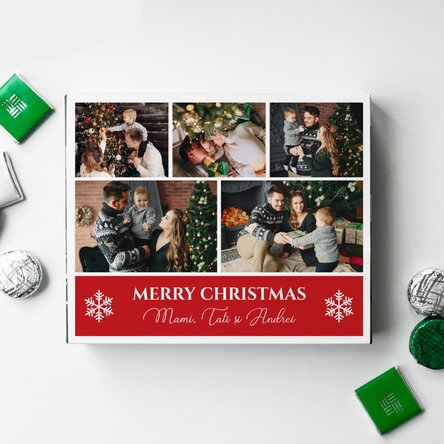 Cutie de bomboane personalizată cu 5 poze și text - Merry Christmas!